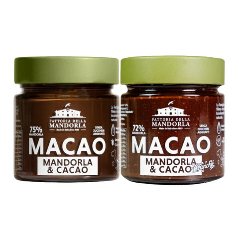 Crema biologica di mandorla e cacao spalmata su pane tostato con mandorle e cacao, ambientazione naturale in stile pugliese