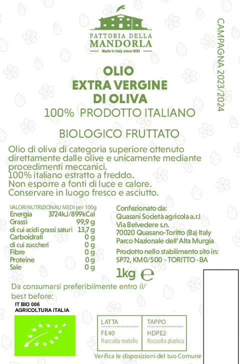 Olio Extra Vergine di Oliva 100% Bio