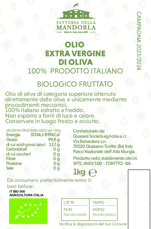 Olio extra vergine di oliva 100% prodotto italiano Biologico Fruttato